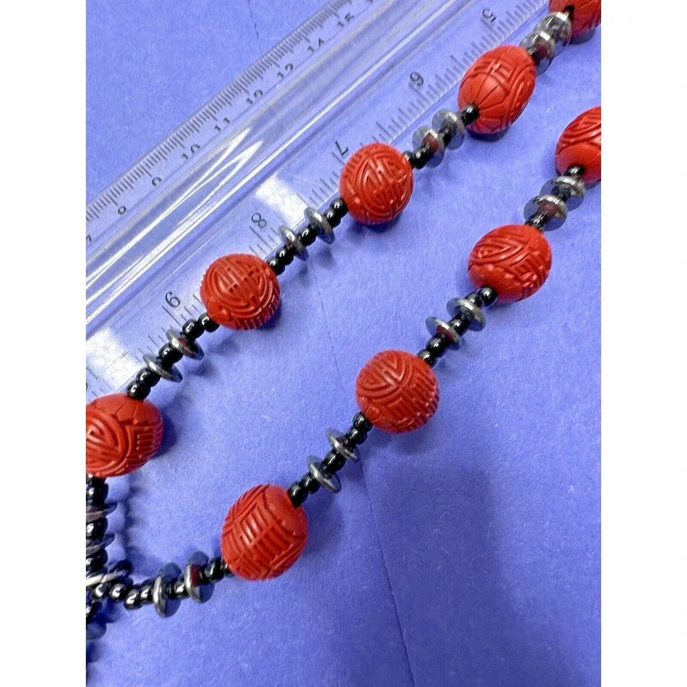 Cinnabar Hand Carved Necklace Red Beads Dangle Hematite Black Quartz ‎ 22